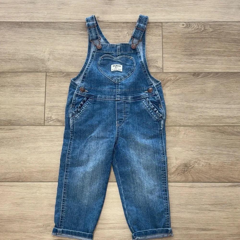OshKosh B'gosh Denim Bib Overall Girls 2T denim with heart accent ruffle pocket